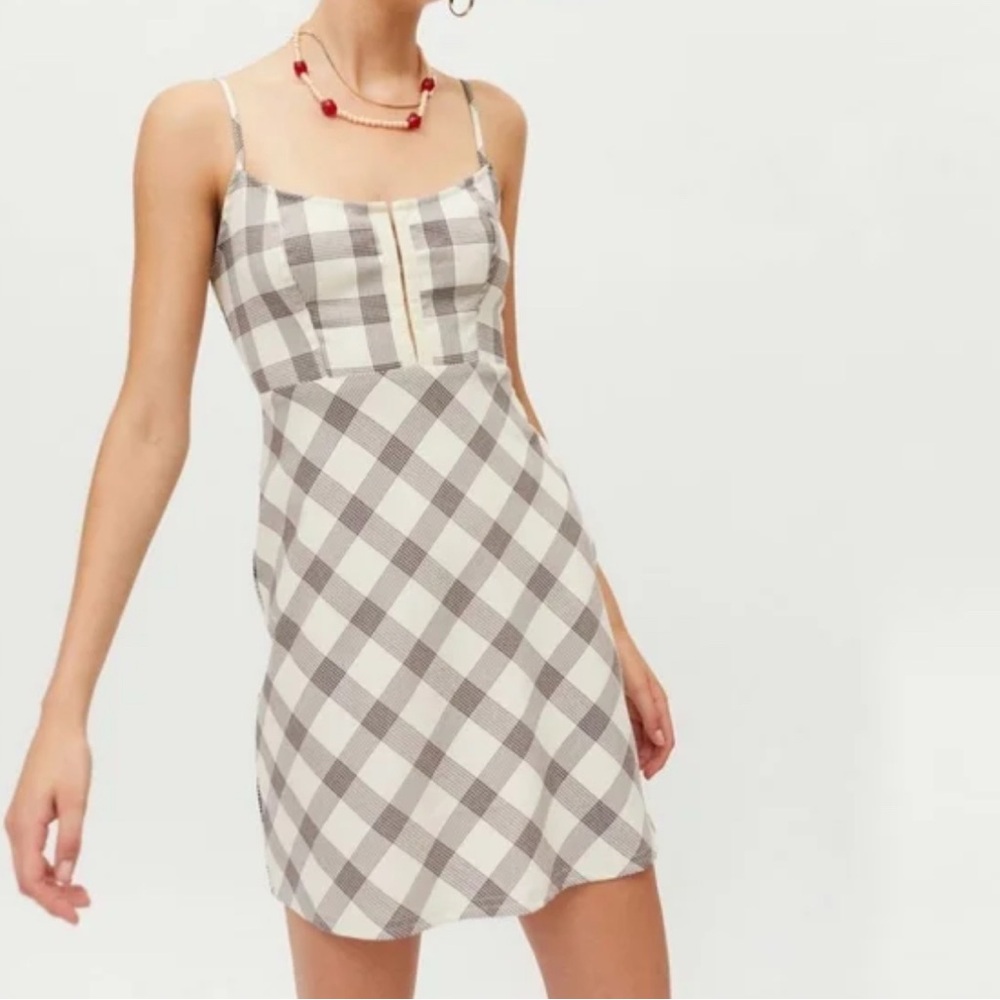 Urban Outfitters Cream and Brown Plaid Spaghetti Strap Mini Dress